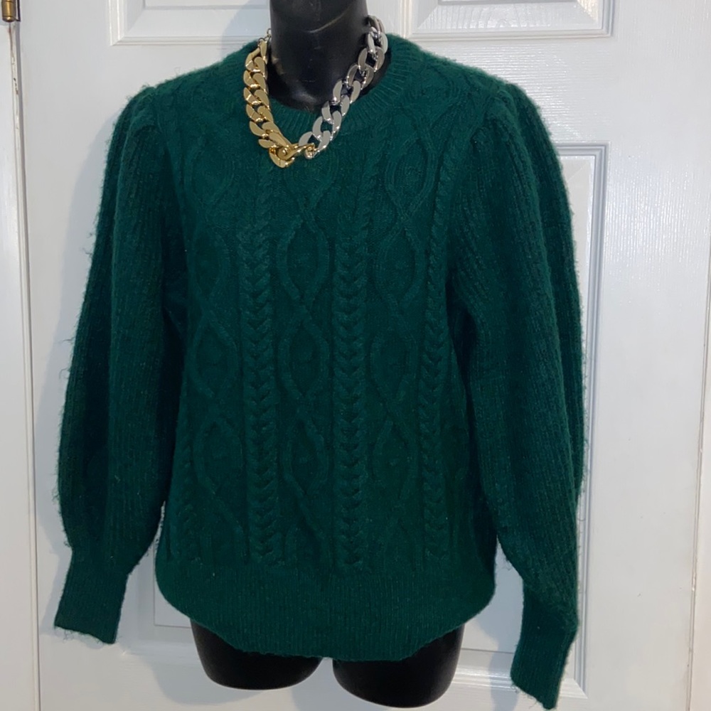 Crown & Ivy womens green cable knit sweater w/ puff sleeves size small NWT